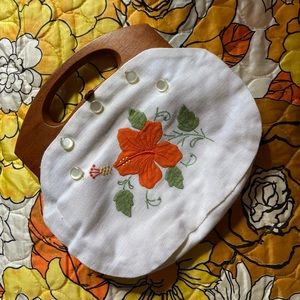 Vintage 60’s Wooden Handle Purse With Floral Embroidered Cover Handmade